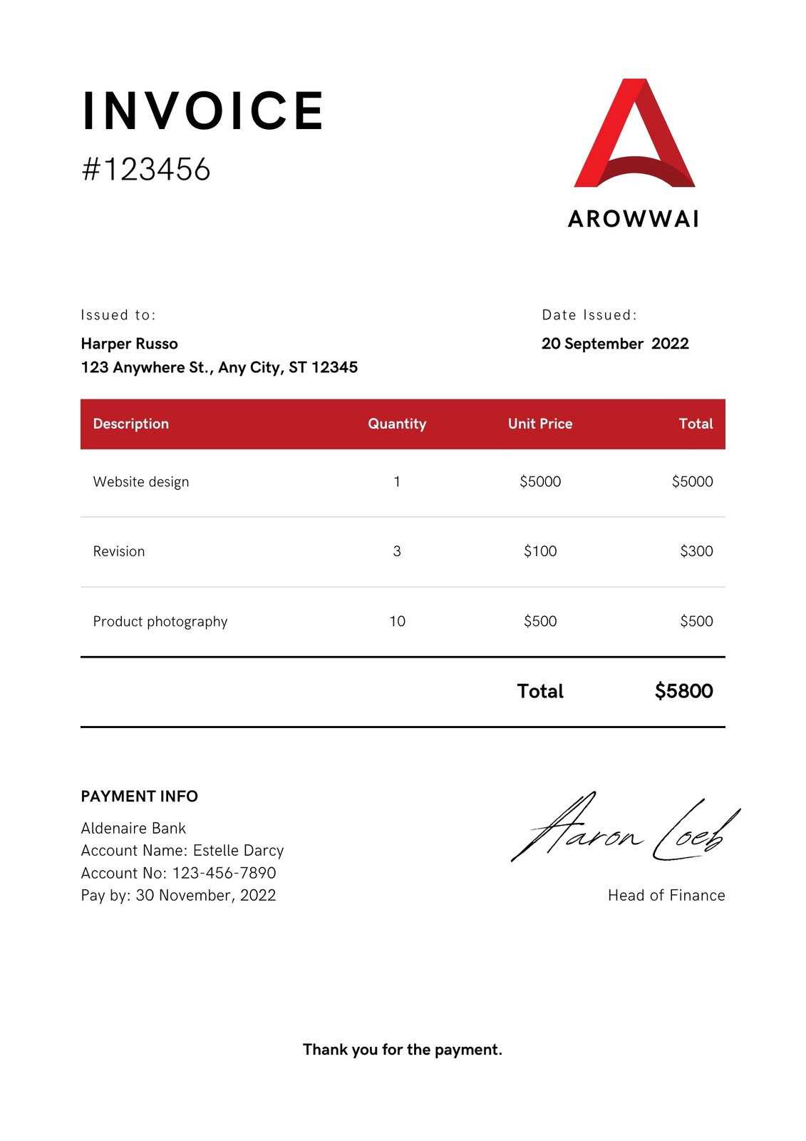 create a new document using the invoice red design template