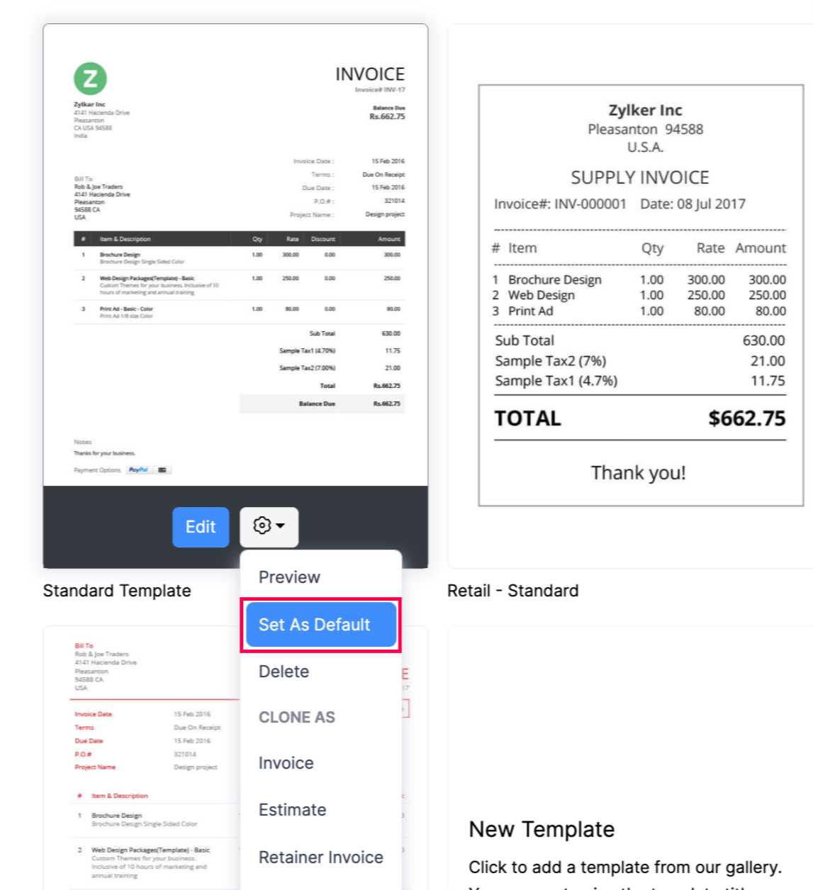 how to set default invoice template in quickbooks online