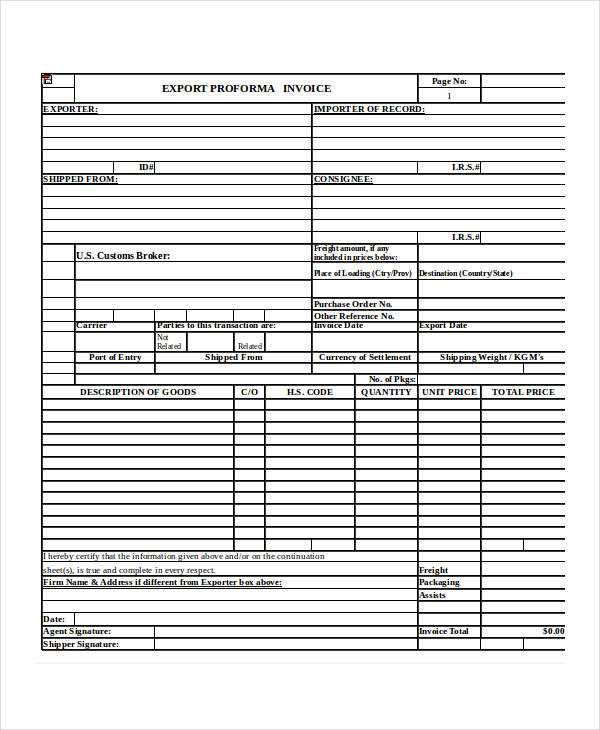 proforma invoice for export template