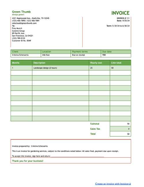 gardening services invoice template