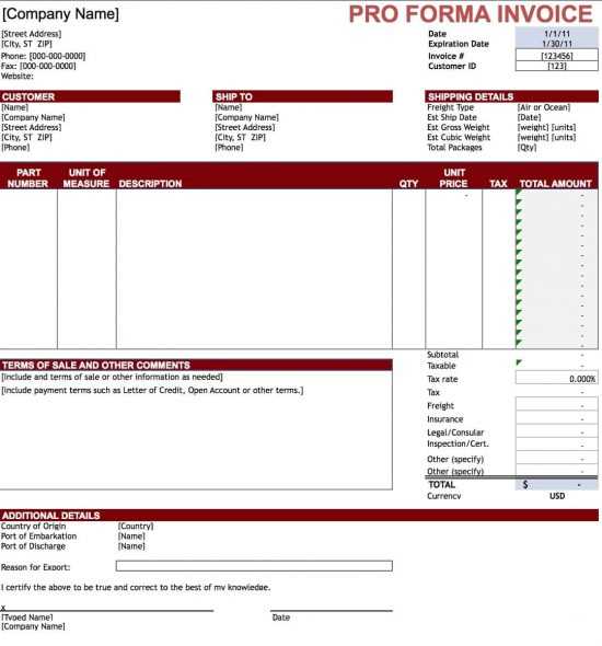 excel proforma invoice template