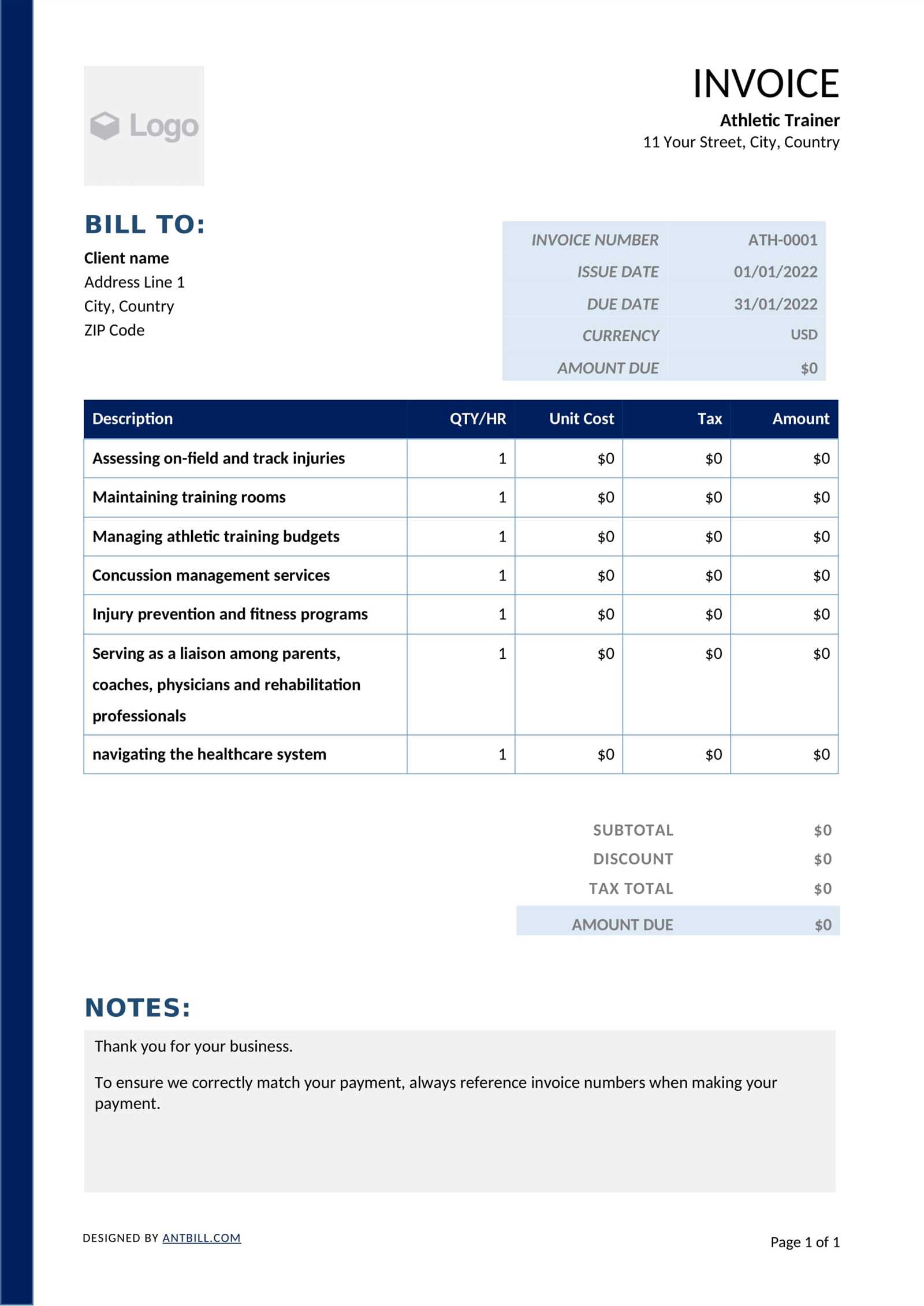 personal trainer invoice template