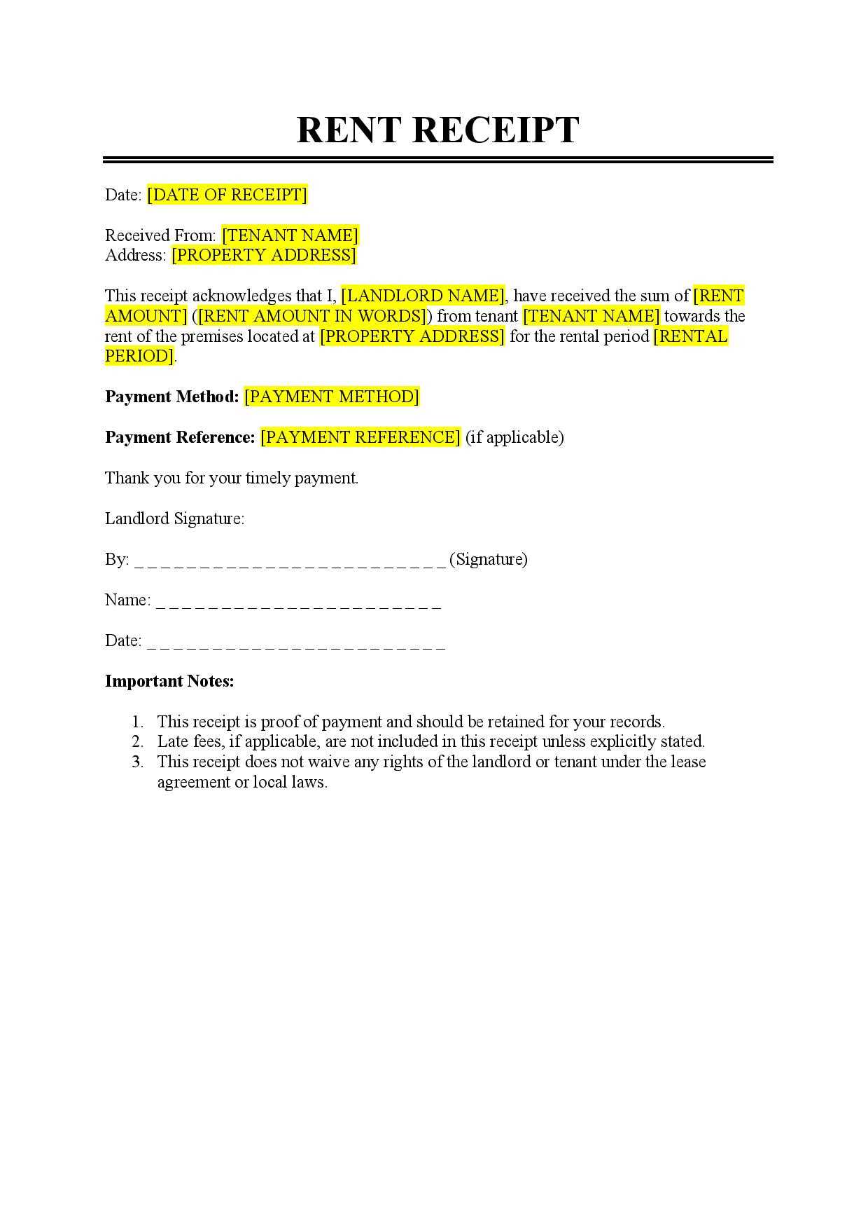 landlord rental invoice template