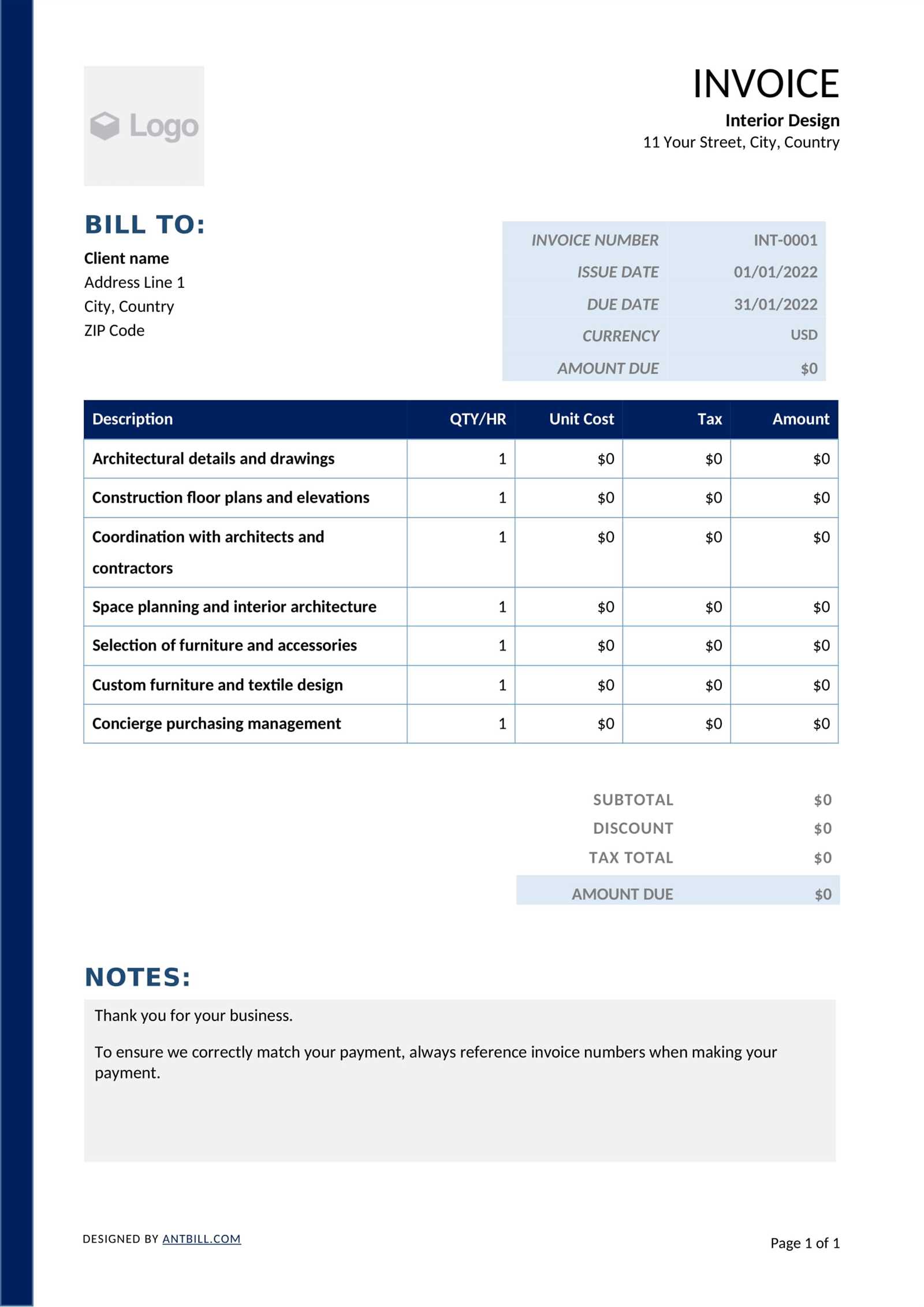 interior designer invoice template