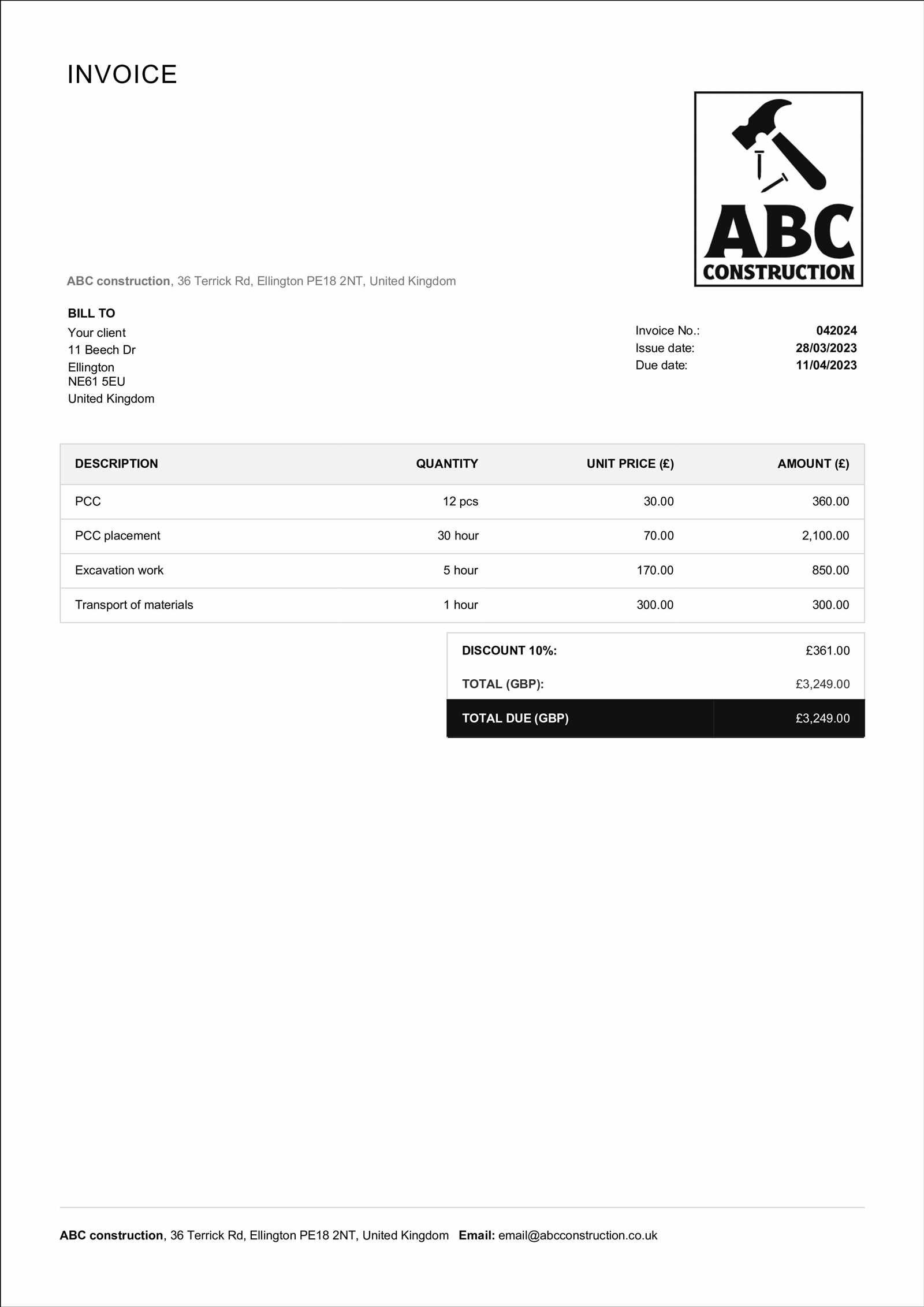 invoice down payment template