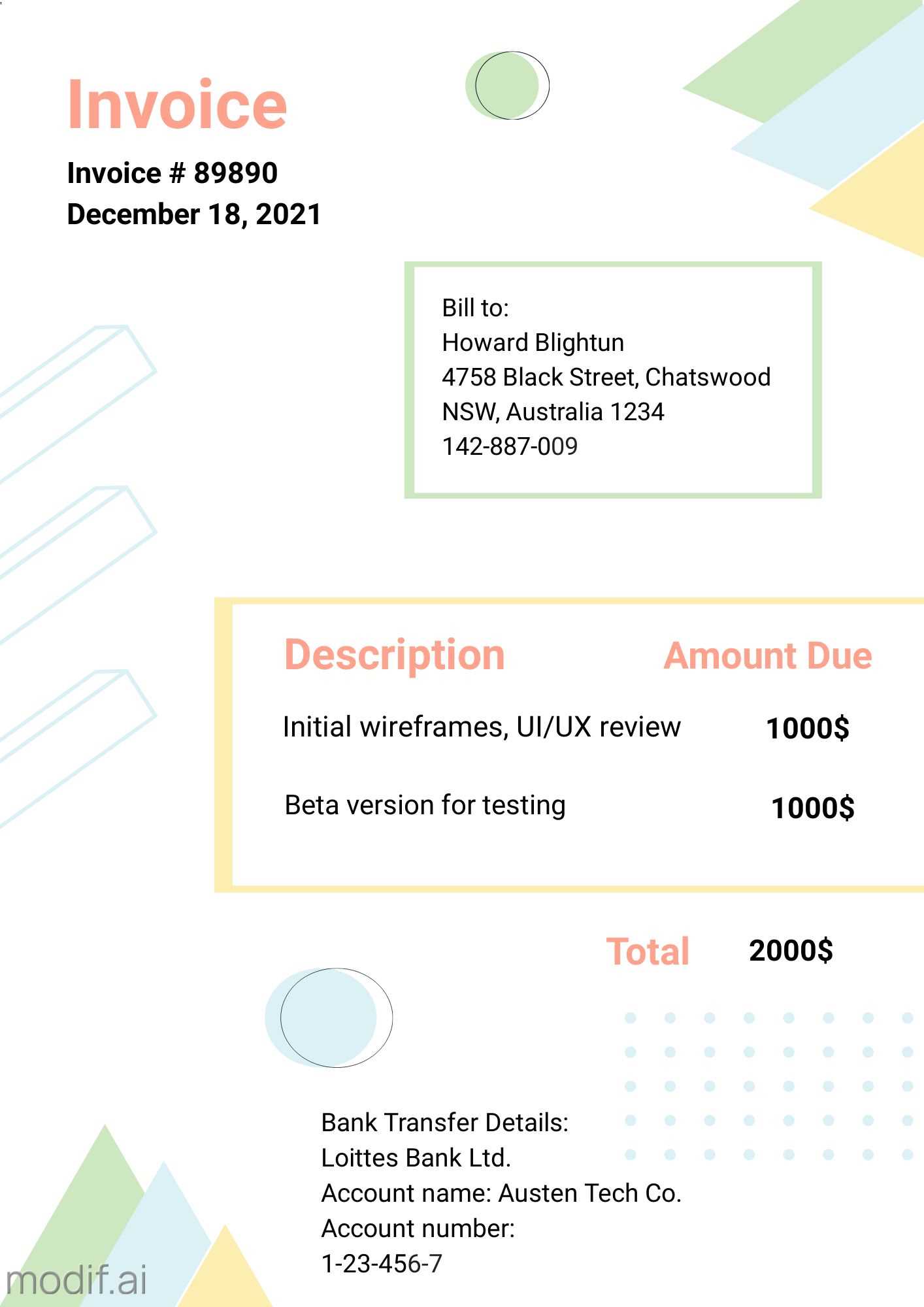 invoice for graphic design template