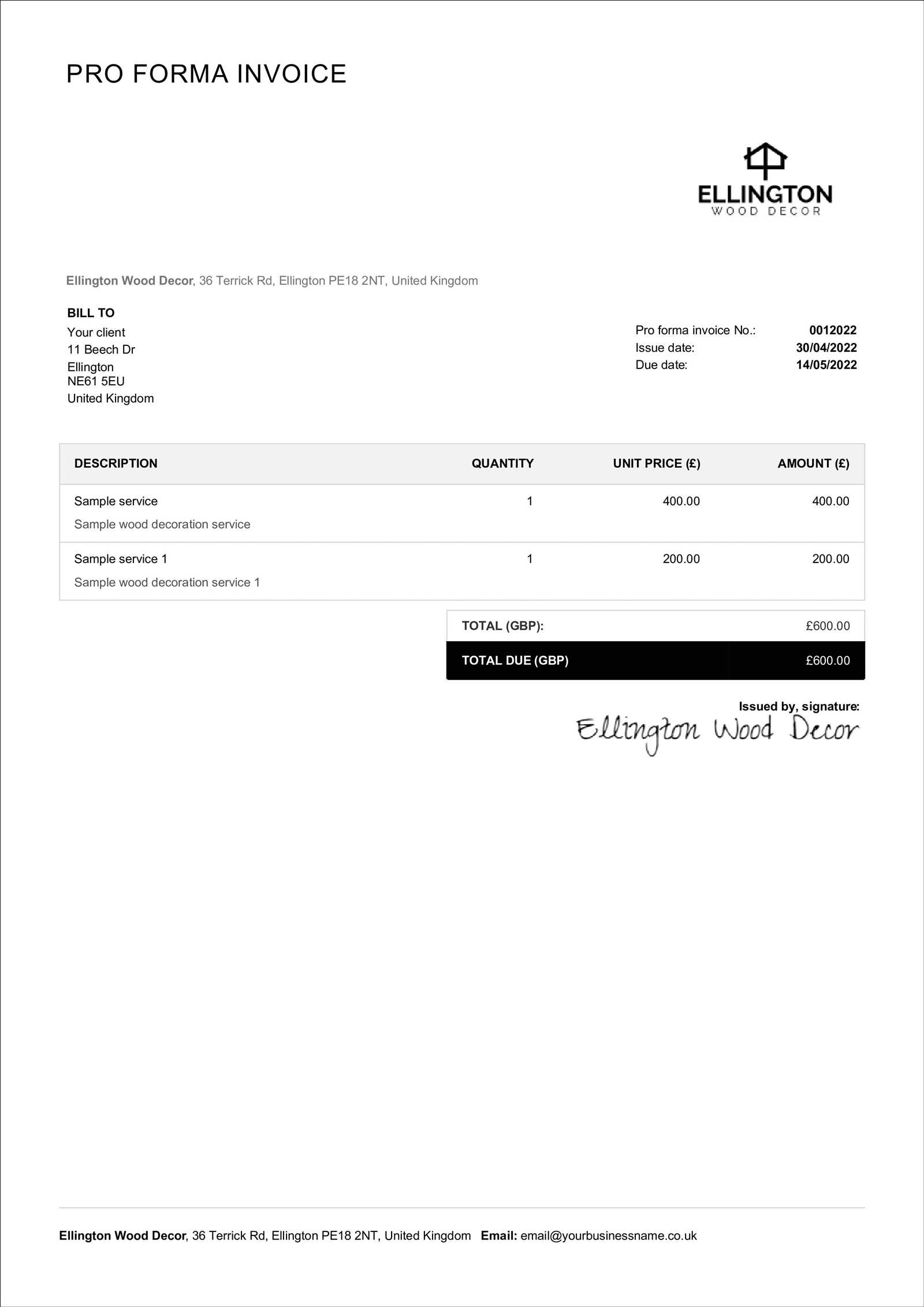 invoice for performance template