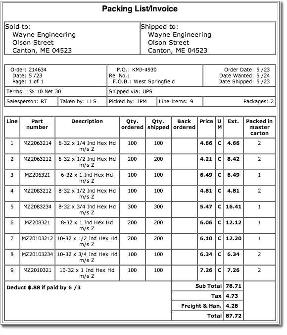 invoice packing list template