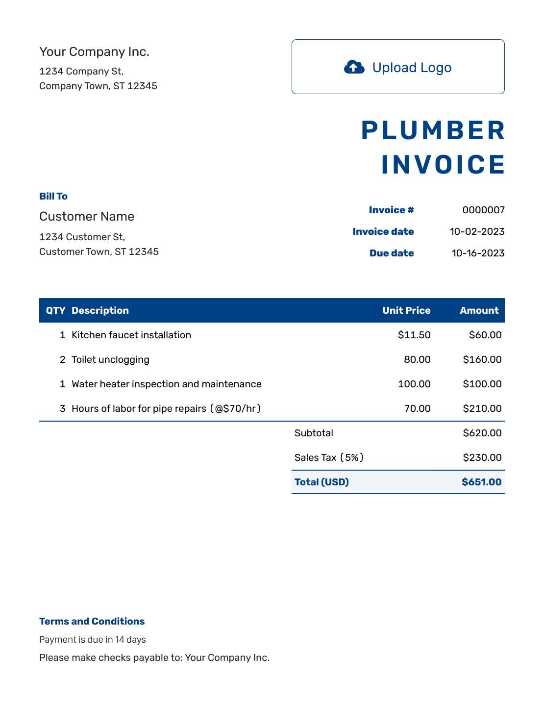 invoice template for plumbing services