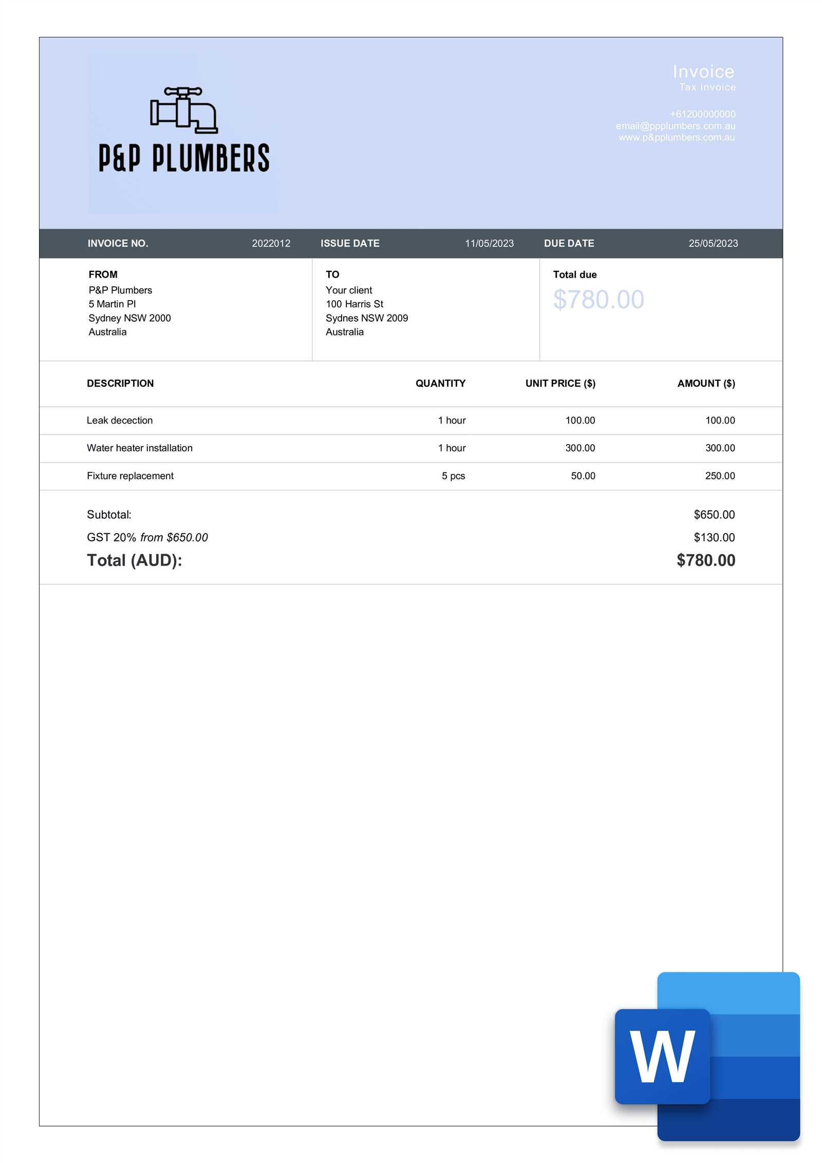 invoice template for plumbing services