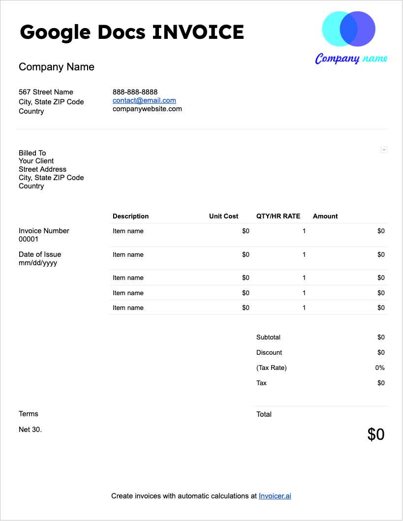 invoice template google docs