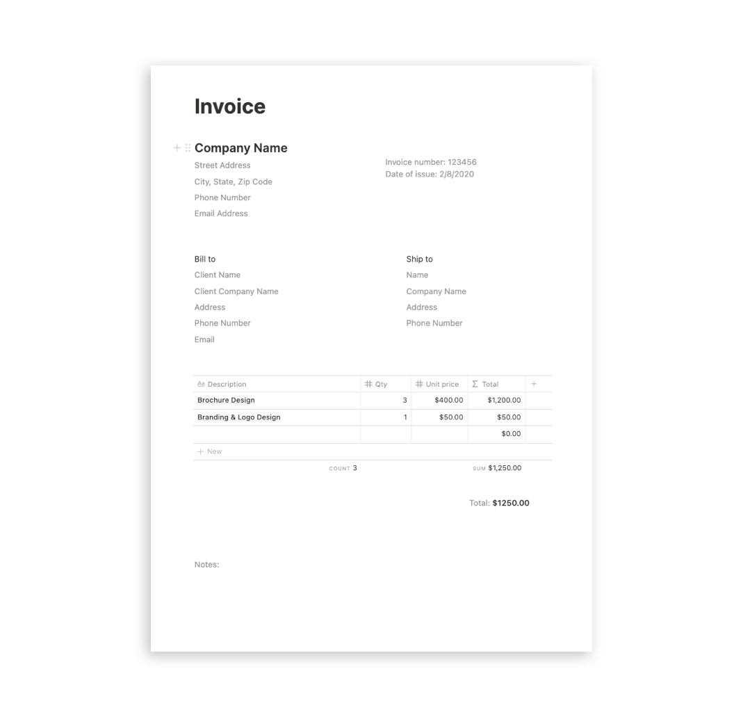 invoice template notion