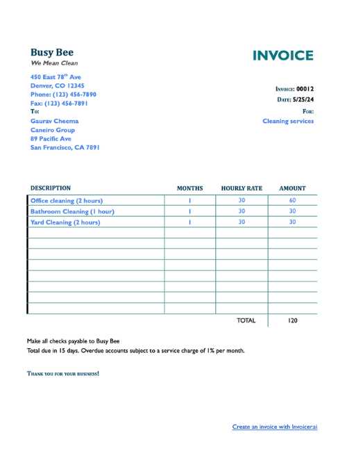 sample cleaning invoice template