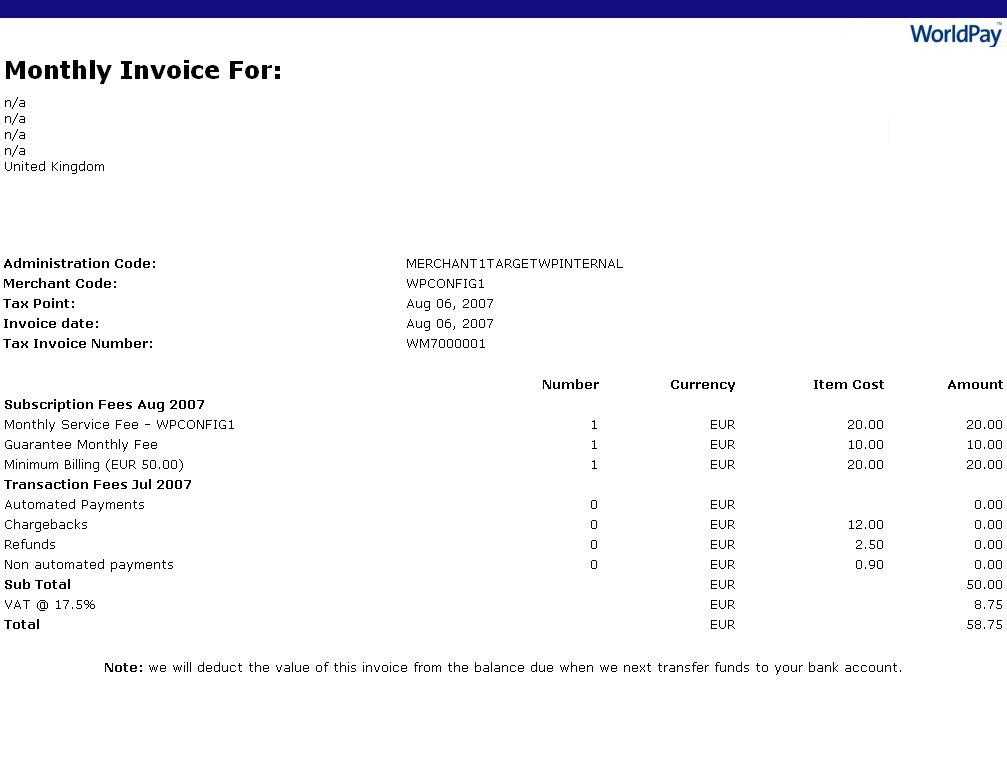 monthly payment invoice template