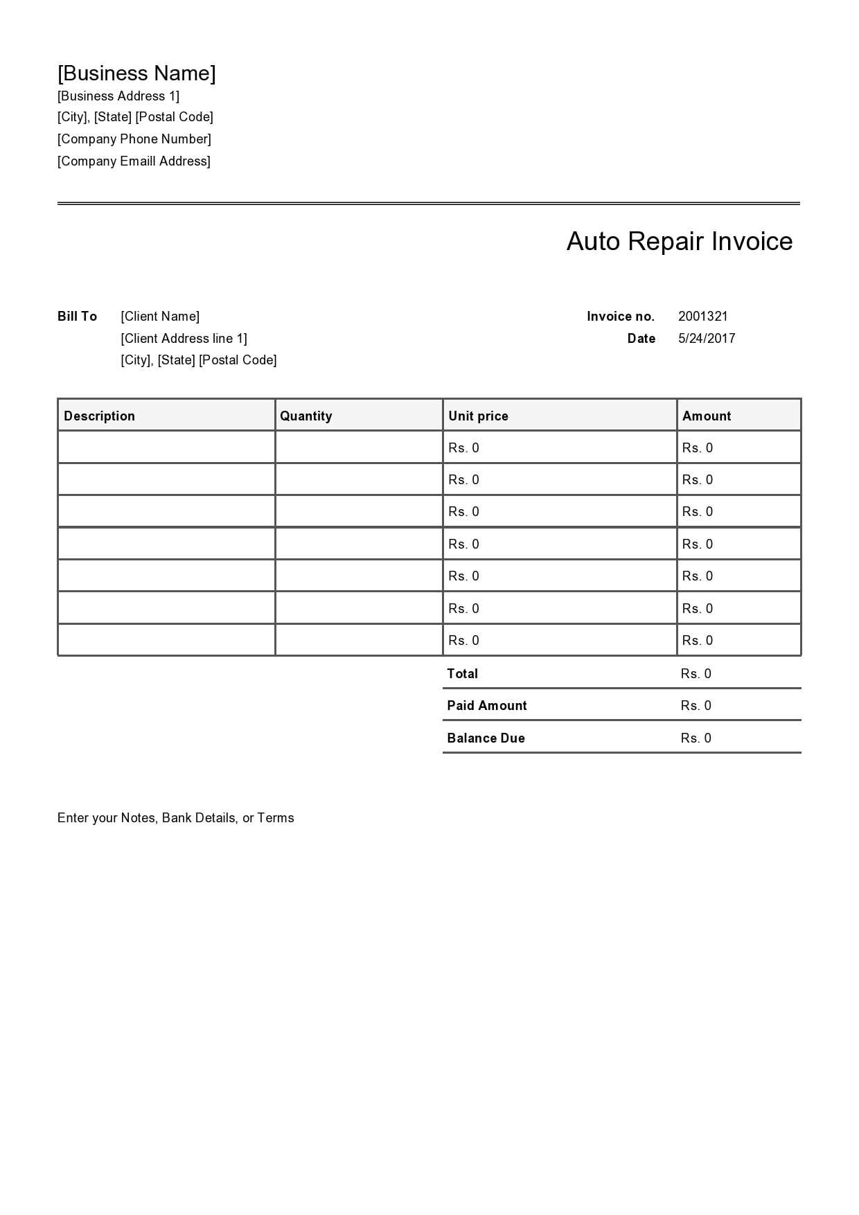 car repair invoice template free