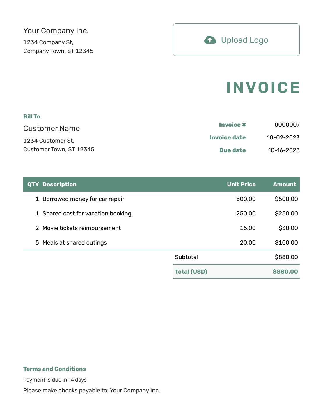 personal service invoice template