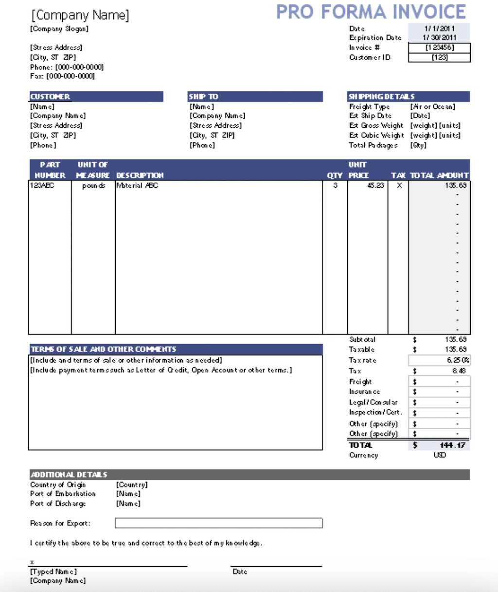 proforma invoice for customs clearance template