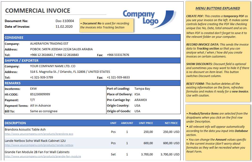 international commercial invoice template excel