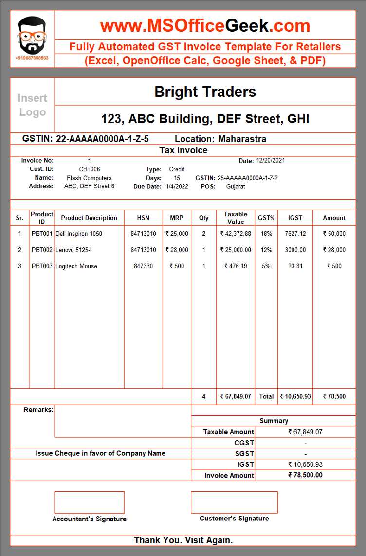 invoice template with gst india