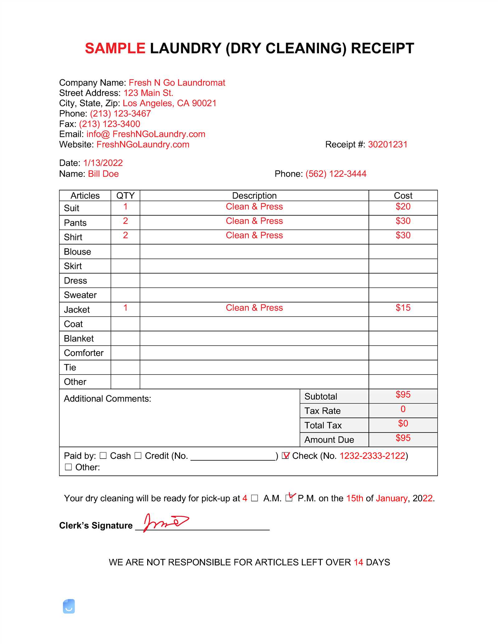 laundry invoice template