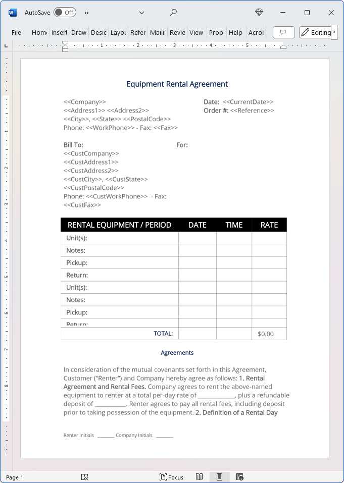 equipment rental invoice template