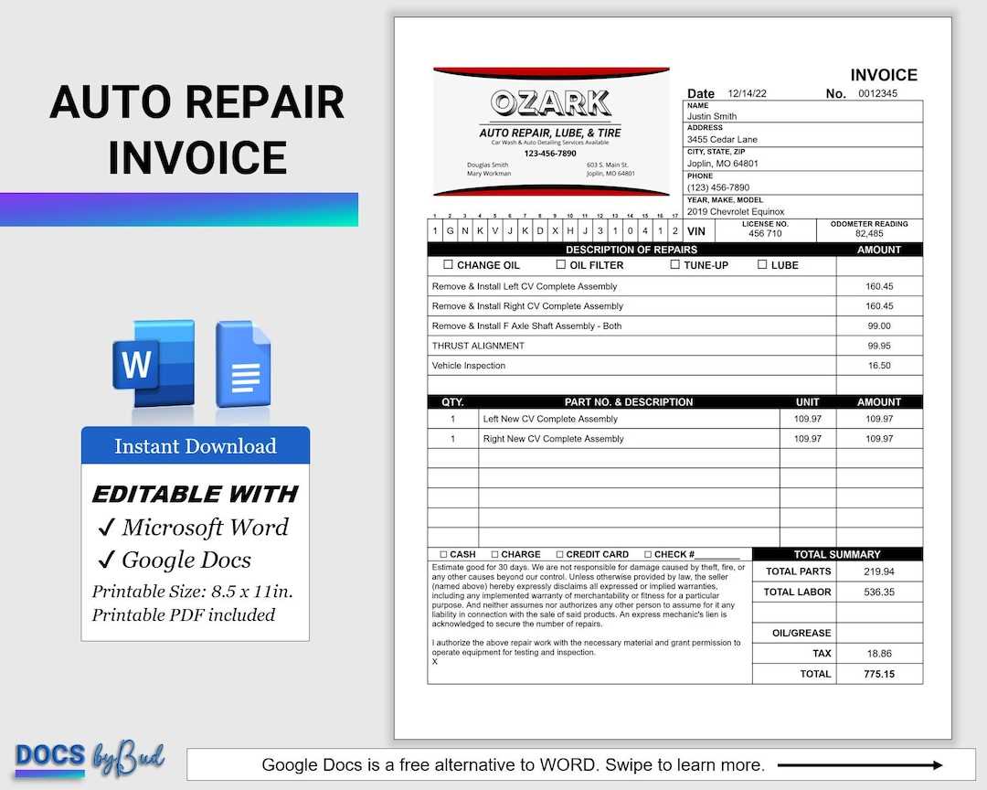 auto repair shop invoice template pdf