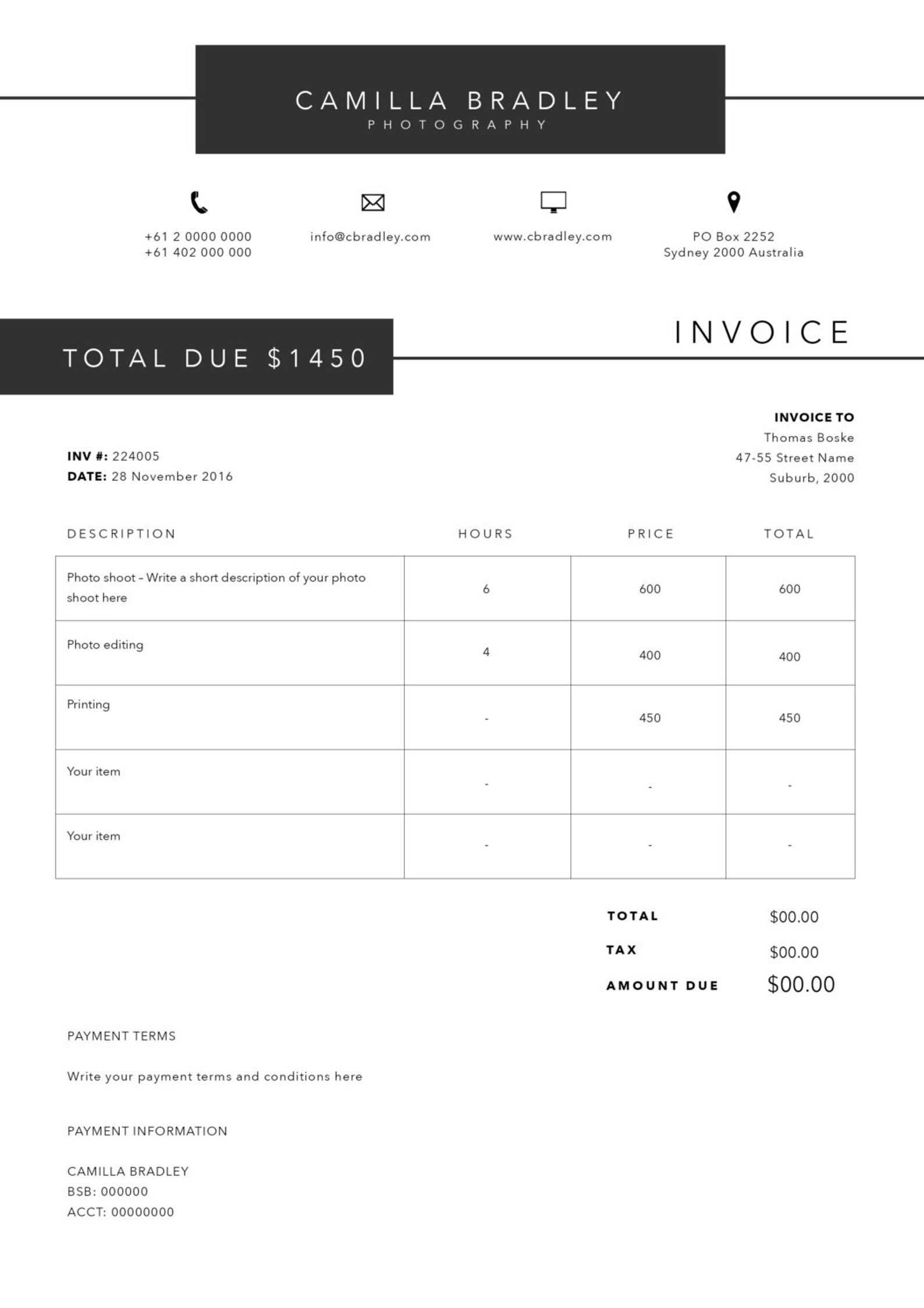 photography. invoice. template.