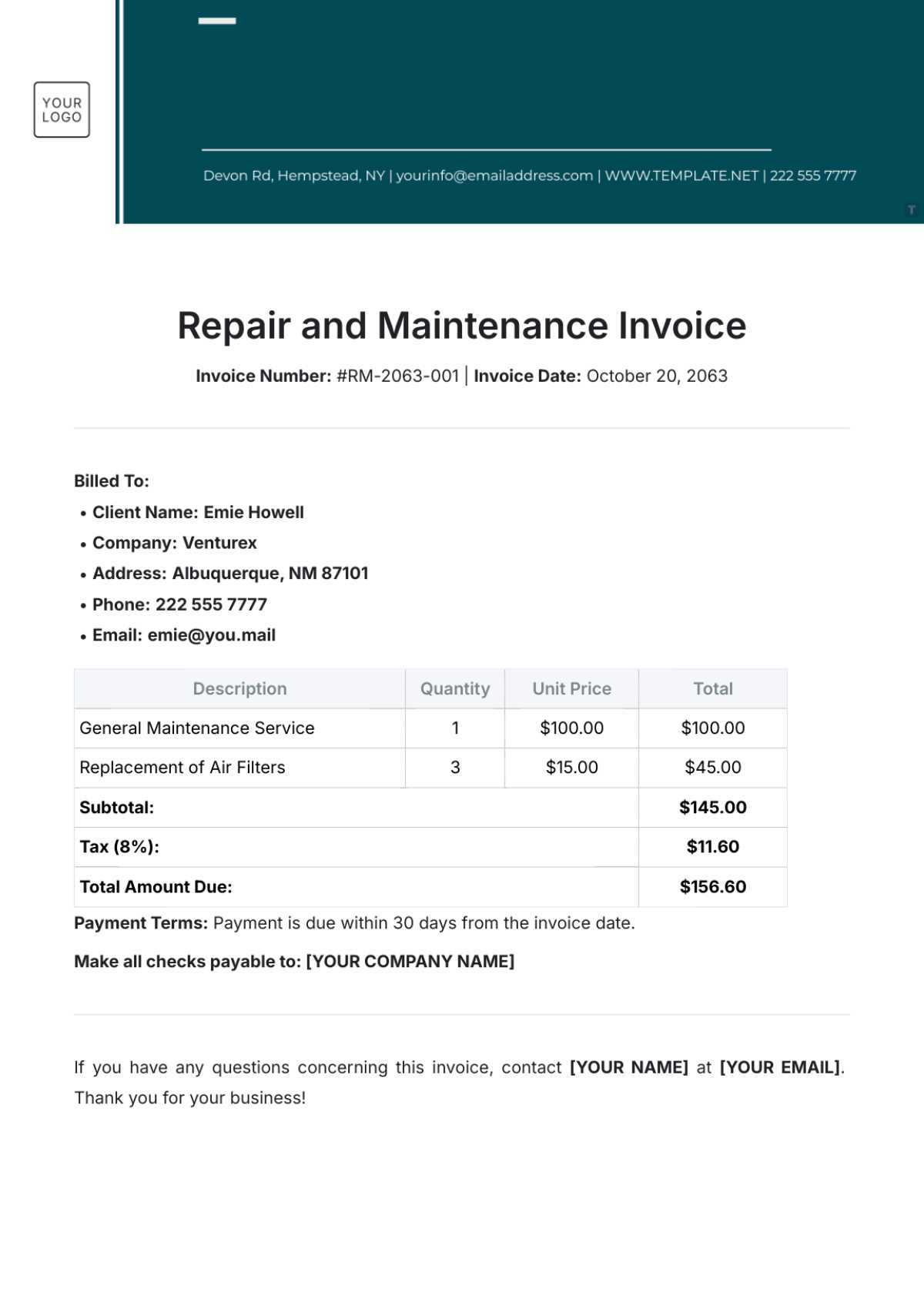 maintenance invoice template