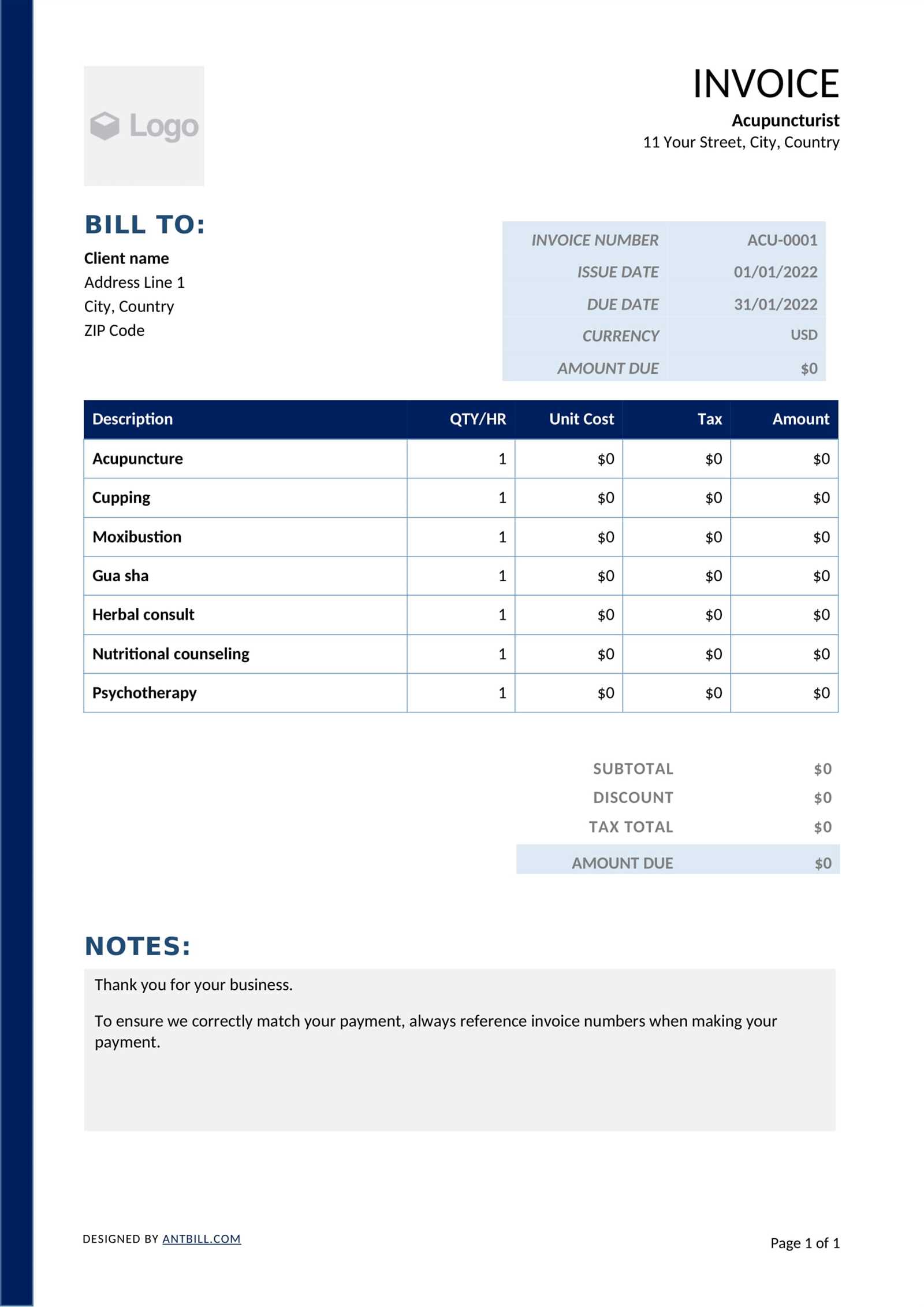 massage invoice template free