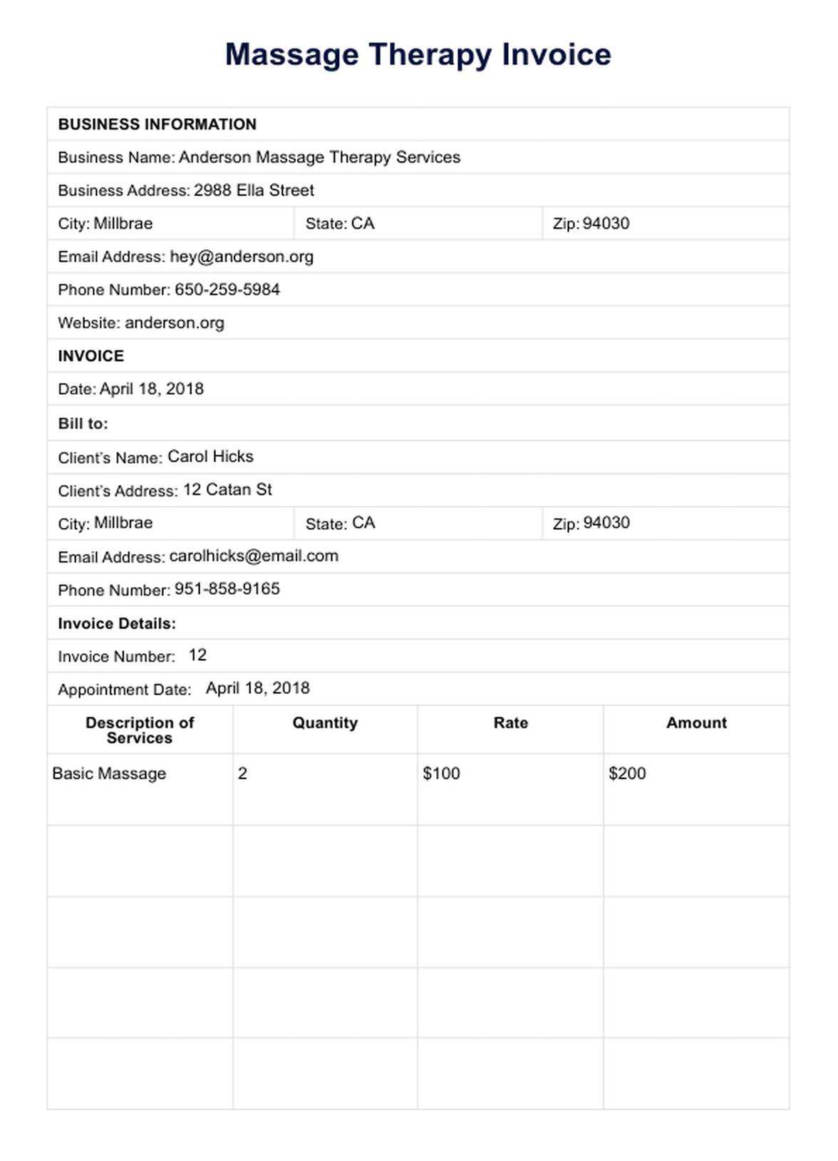 massage invoice template word