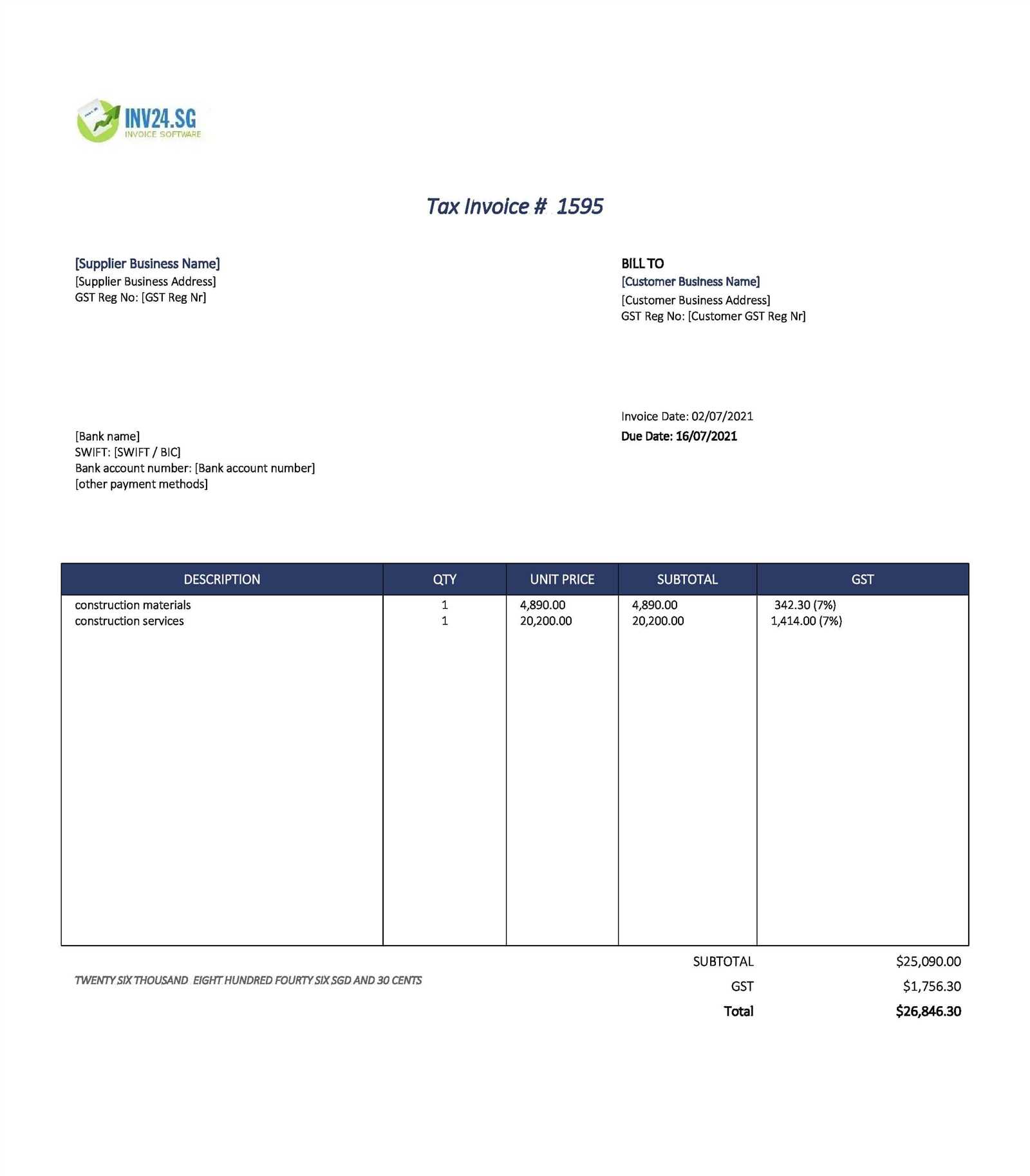 material invoice template