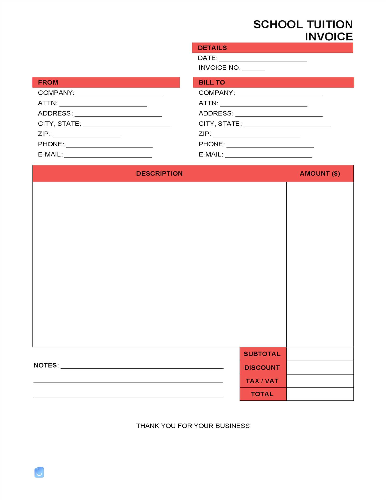 tuition invoice template