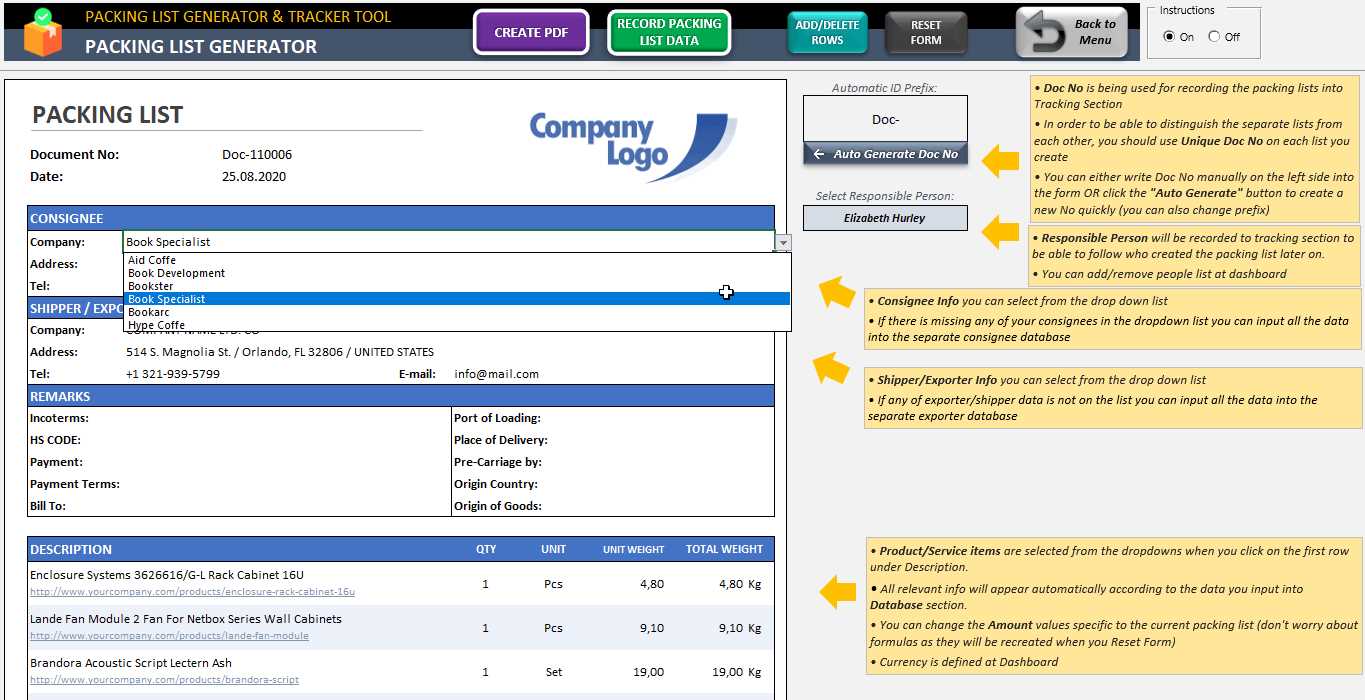 packing list invoice template