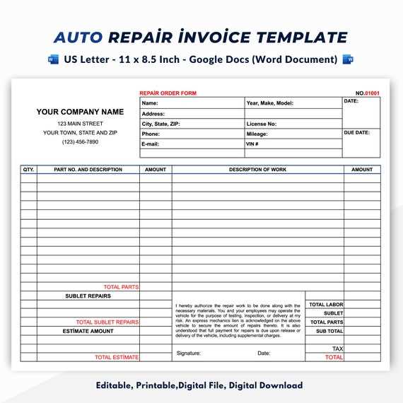 motor vehicle repair invoice template