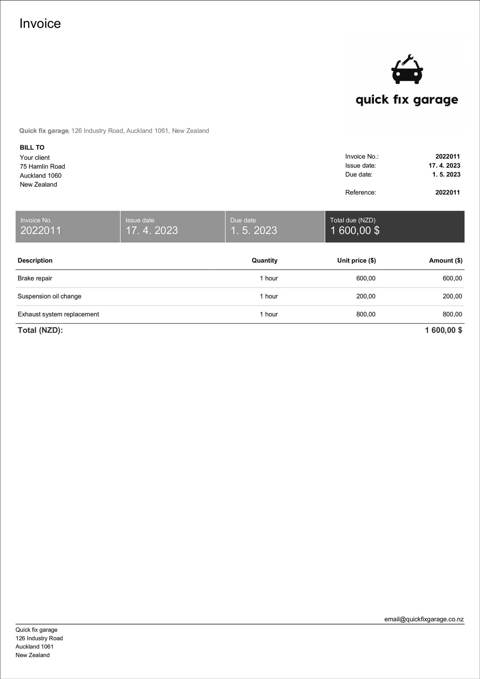 mechanic invoice template pdf