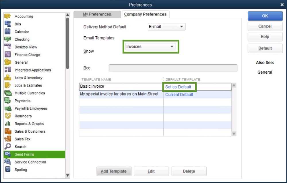 how to set default invoice template in quickbooks desktop