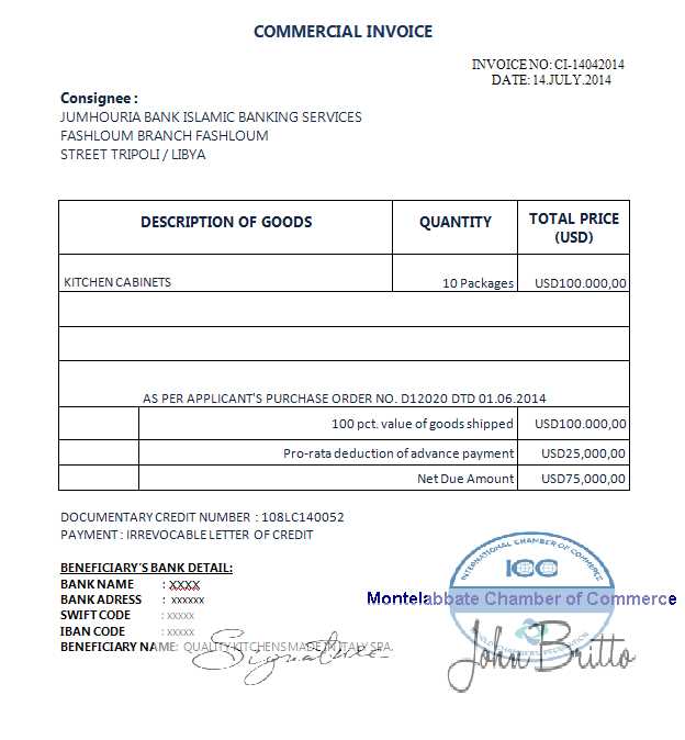 export commercial invoice template