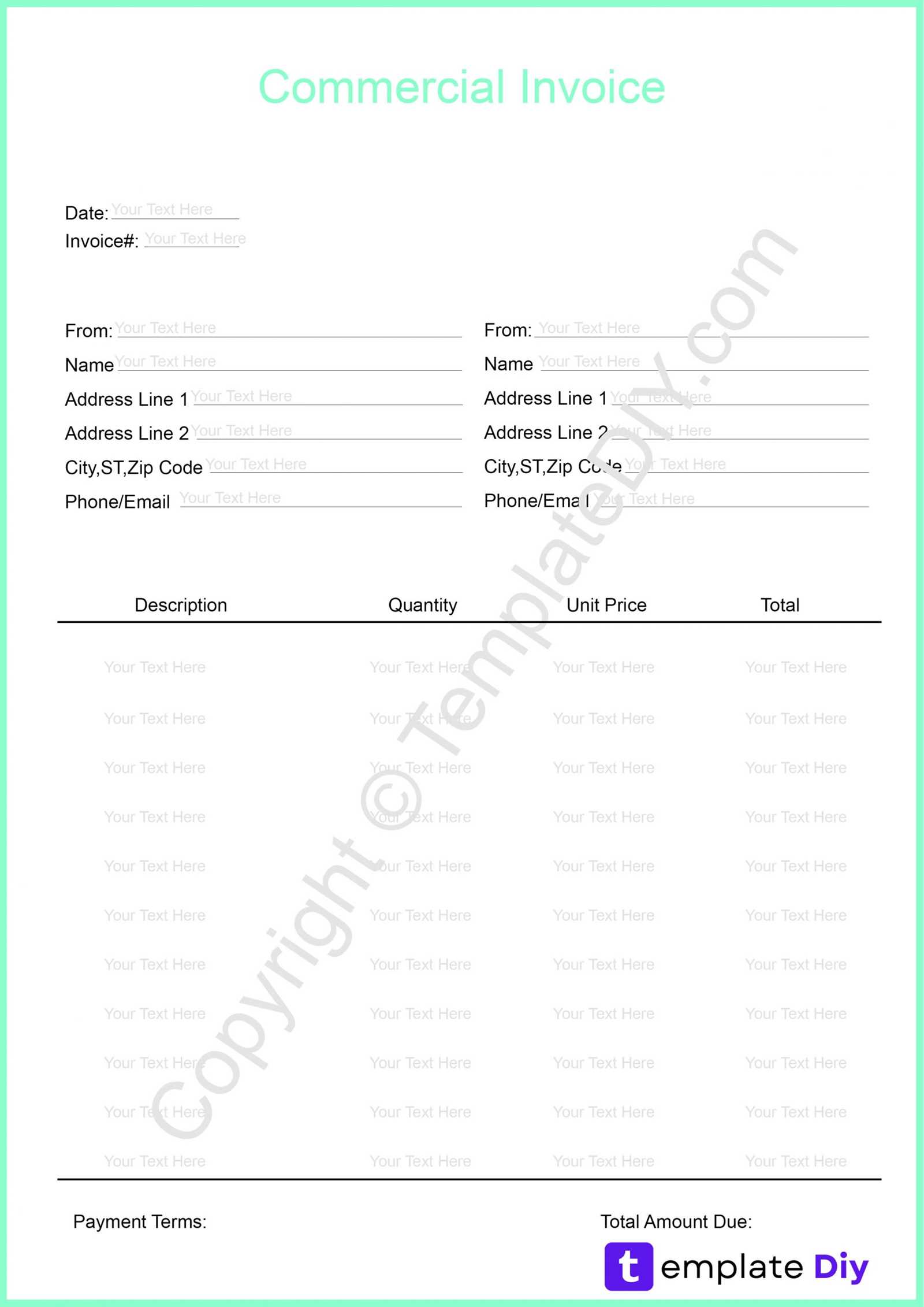 blank commercial invoice template