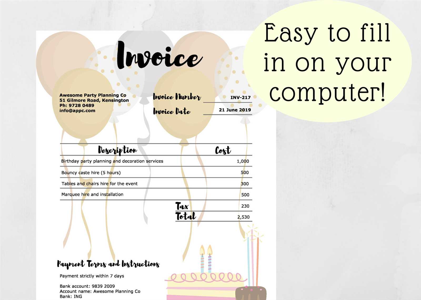 birthday party invoice template