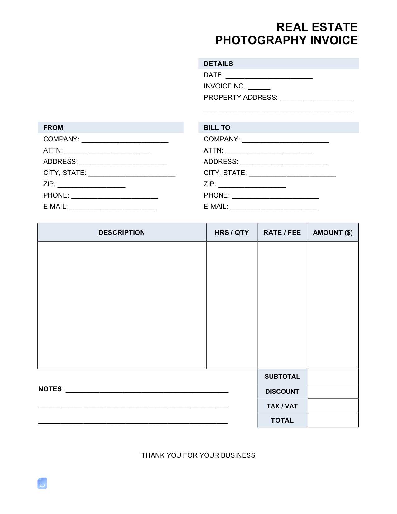 real estate photography invoice template