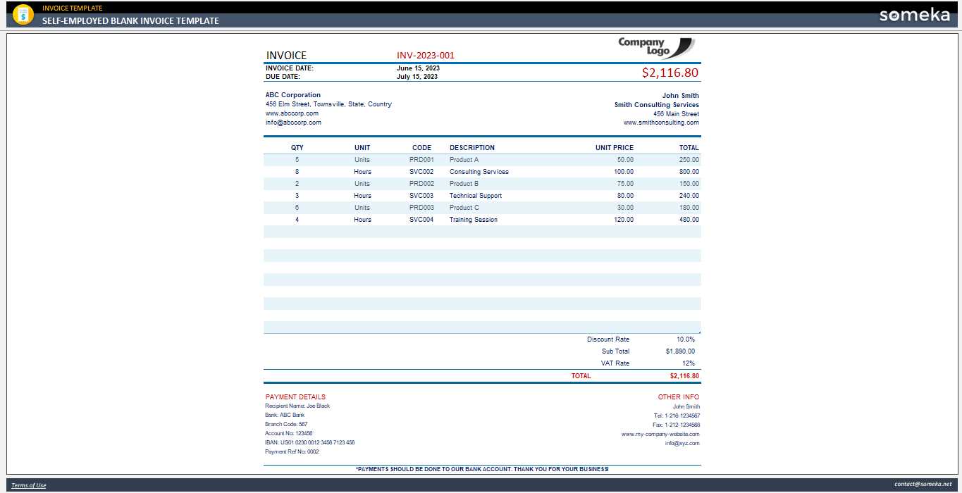 blank self employed printable invoice template