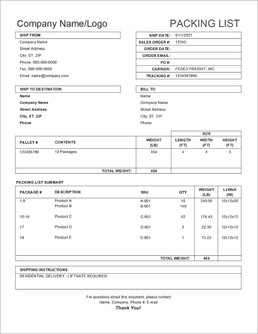 packing list invoice template