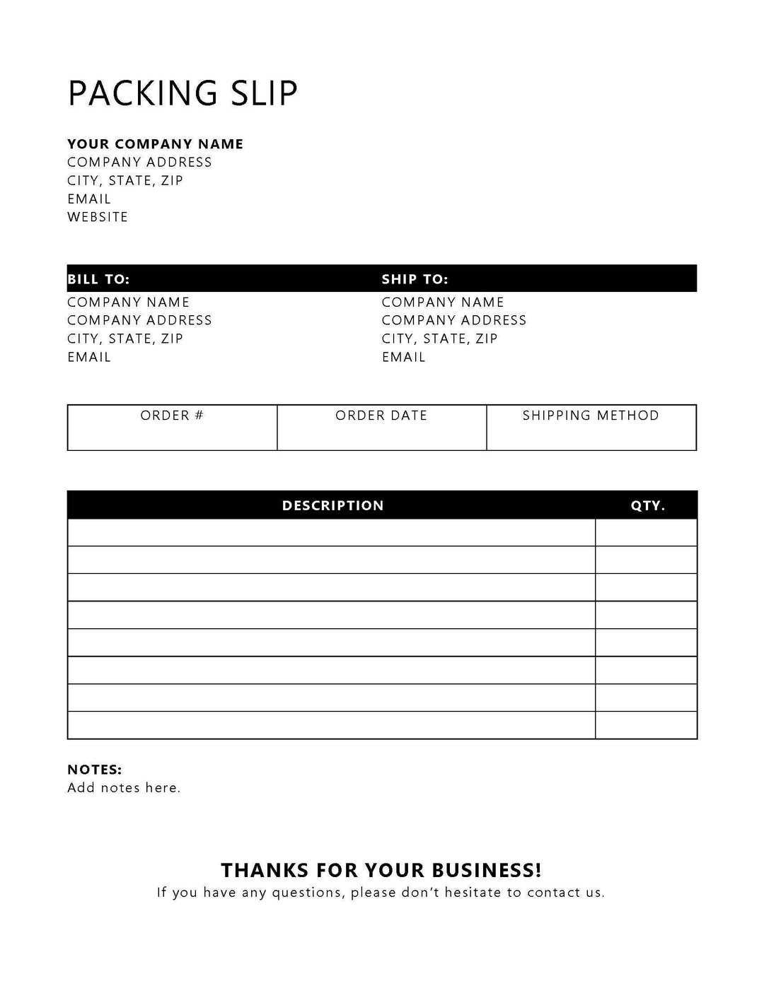 packing list invoice template