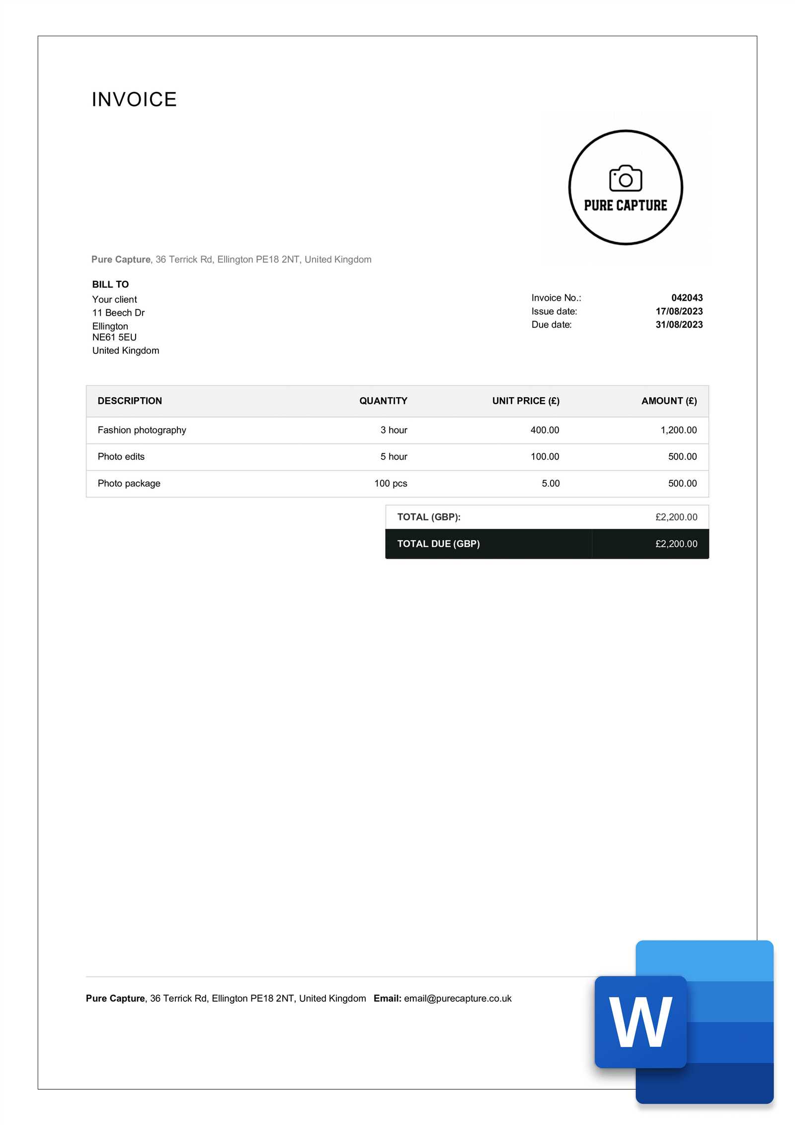 photographer invoice template word