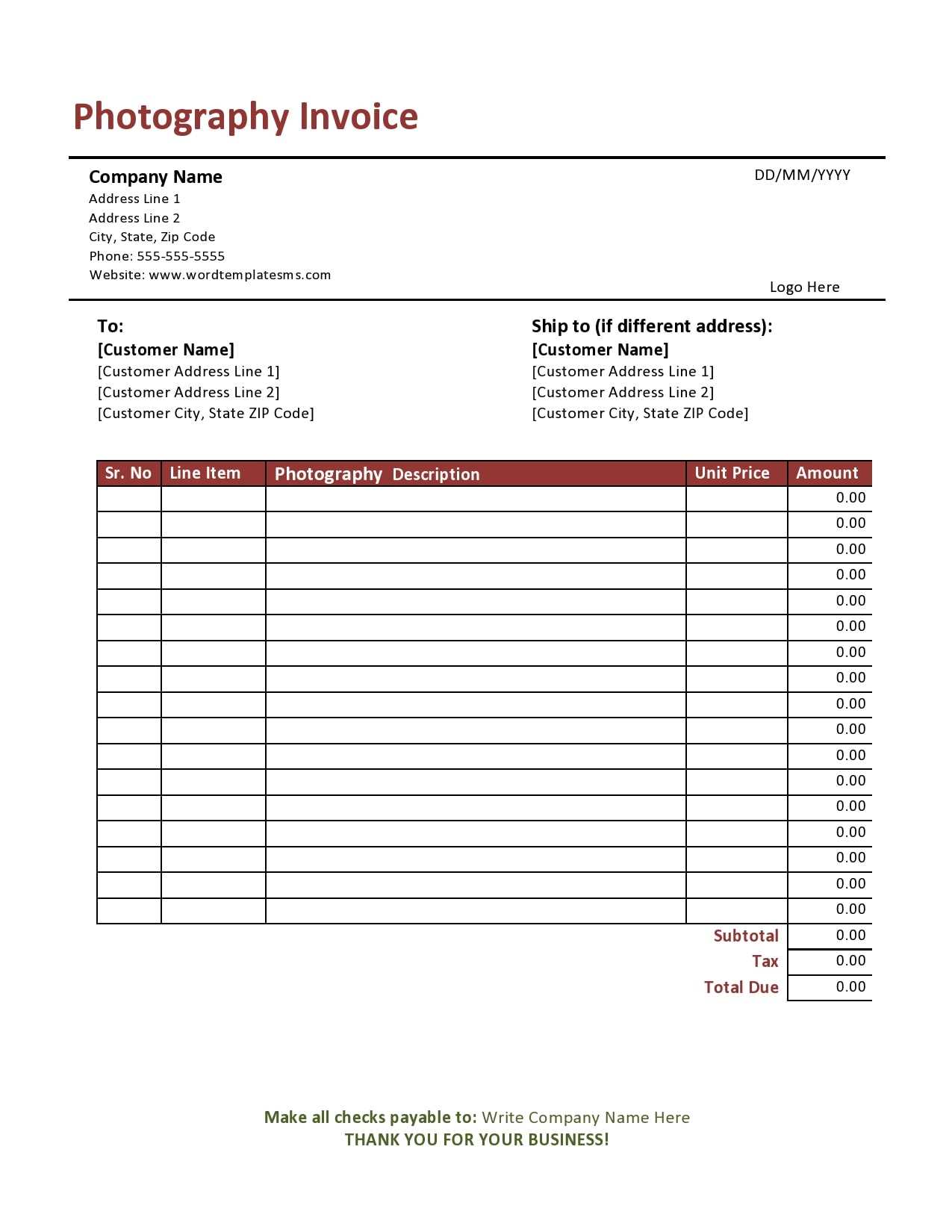 photography billing invoice template