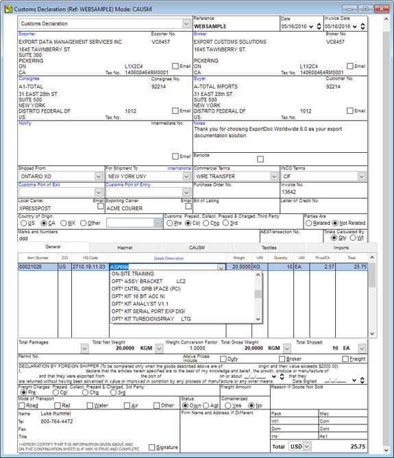 u.s. customs invoice template