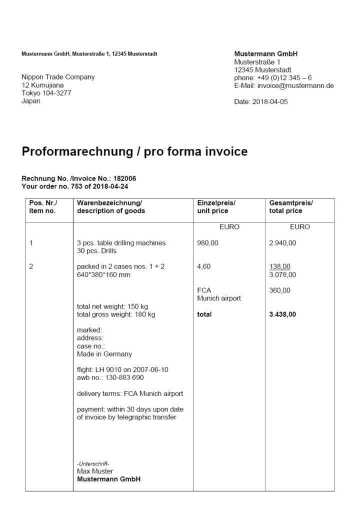 proforma invoice for customs clearance template