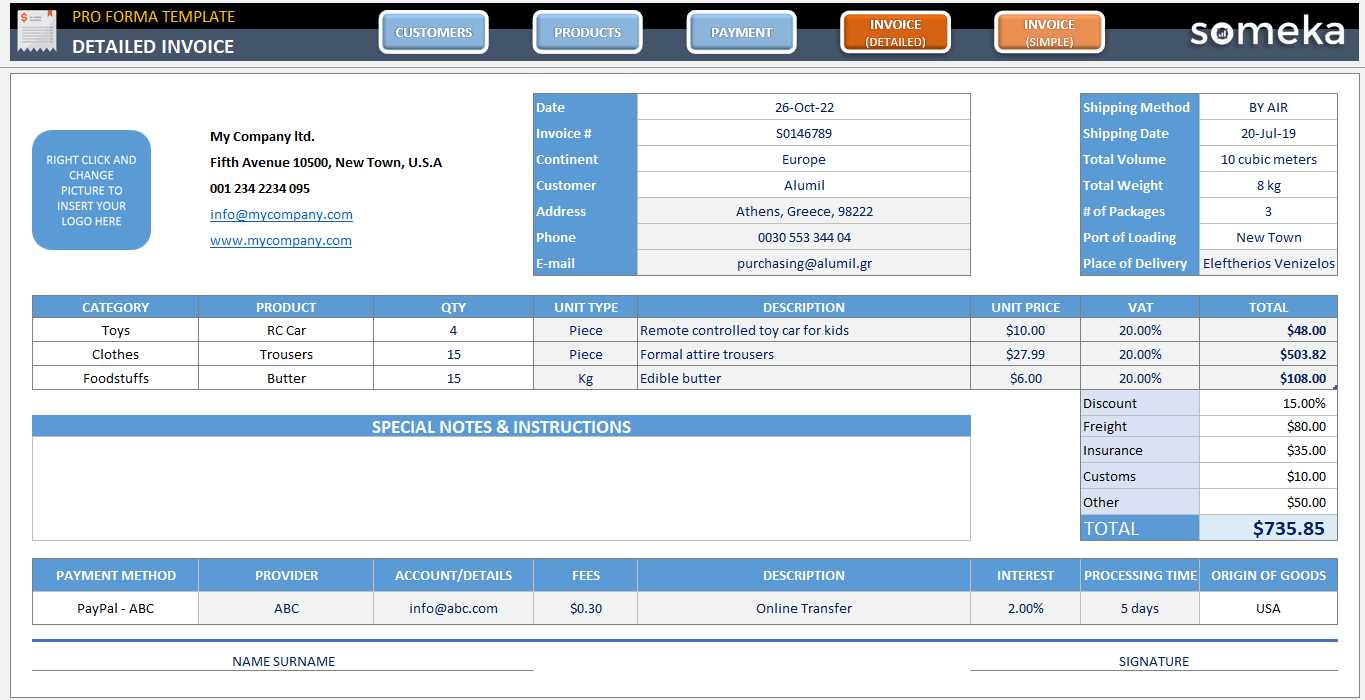 proforma invoice template excel