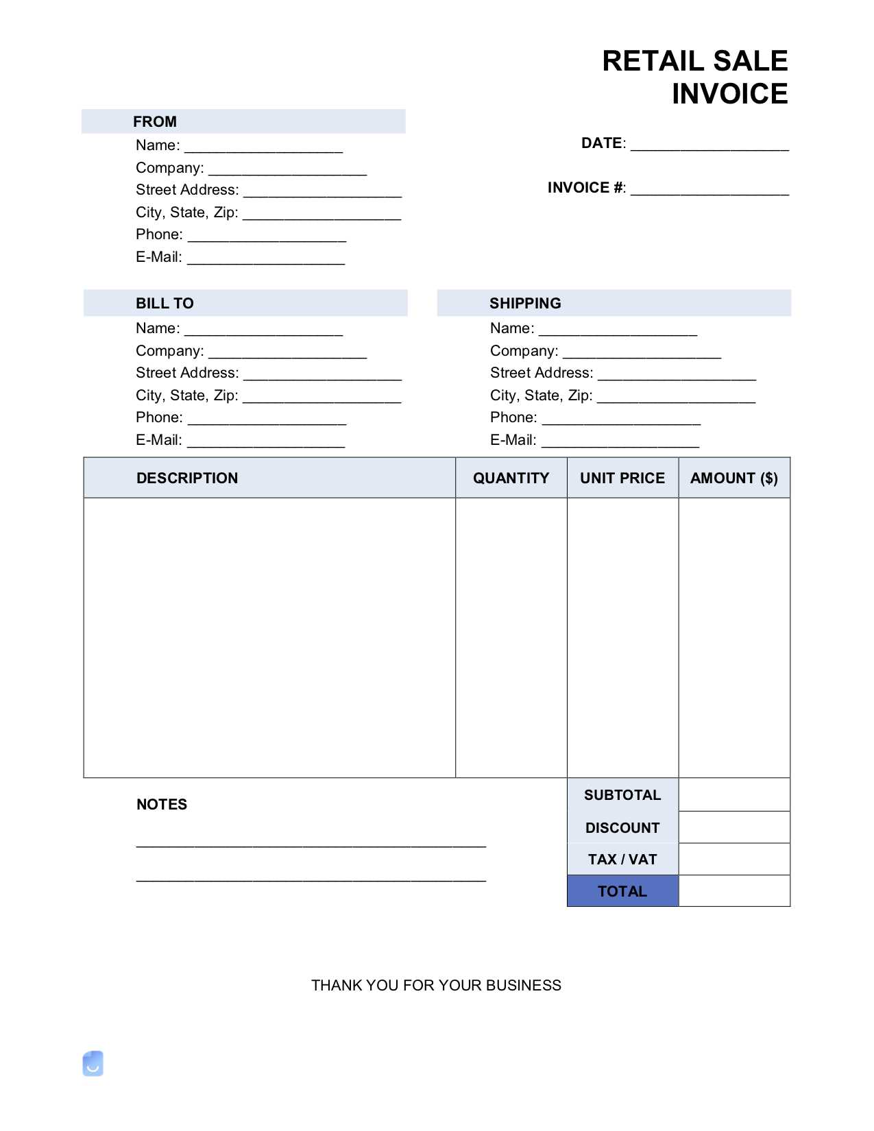 online shopping invoice template