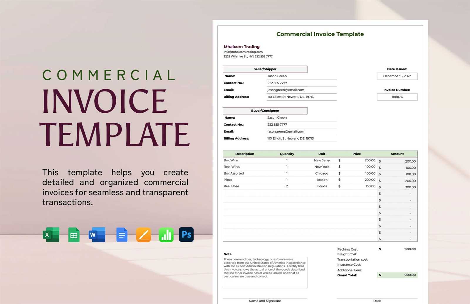 international commercial invoice template pdf